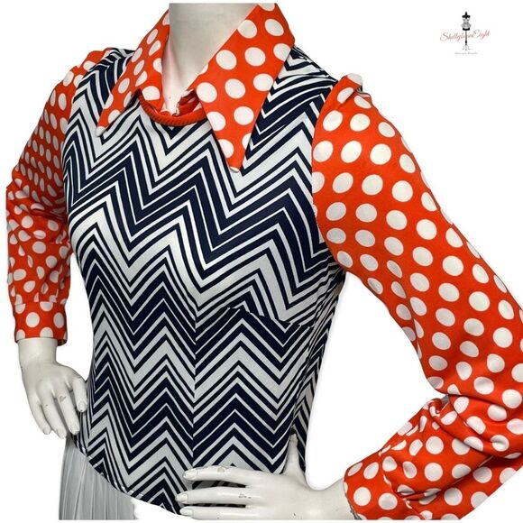 VINTAGE 1970s Fun Funky Polka Dot ZigZag Chevron Mixed Print Dress Medium 8 CuTE - Picture 4 of 14
